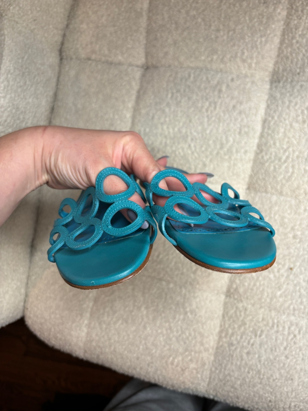 Vintage Manolo Blahnik Y2K Geometric Leather Sandals Size 37 Bright Blue - Picture 6 of 6